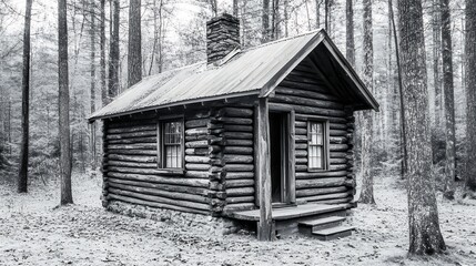 Obraz premium Rustic Log Cabin in the Woods Black and White Photo