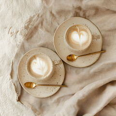 Two cups of latte art coffee on a beige linen fabric. Enjoy a cozy morning with a warm drink.