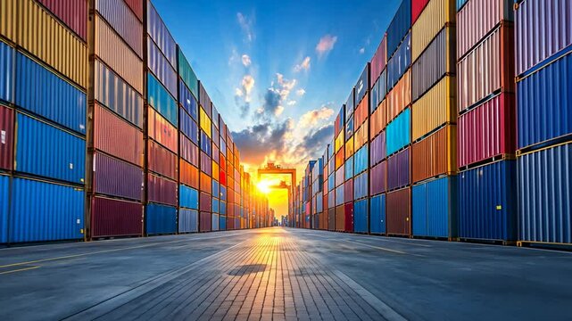 Colorful Shipping Containers at Sunset, cargo containers, container port, harbor, dock, sunrise