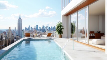 Fototapeta premium Luxury hotel interior showcasing exclusive architecture. Luxury apartment with pool and city skyline view.