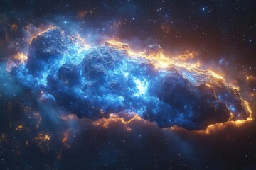 massive crystalline asteroid blazing through space, its jagged surface crackling with electric blue energy as earth's atmosphere creates a fiery corona around it