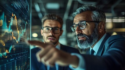 Two business colleagues standing in a glass walled meeting space pointing at and analyzing a data presentation or chart displayed on a large screen