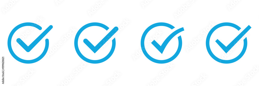 Poster valid seal icon. blue tick in blue circle. flat ok sticker icon. isolated on white. accept button. g