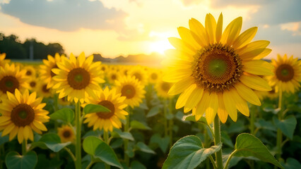 Fototapeta premium A vast and vibrant field filled with beautiful sunflowers, their bright yellow petals reaching towards the sky as the sun shines down through the clouds, creating a picturesque scene