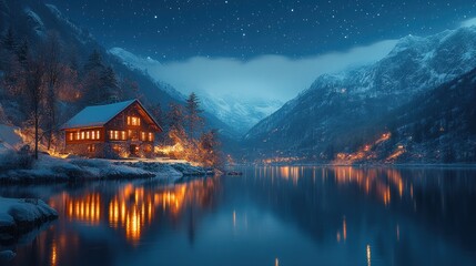 Fototapeta premium Cozy cabin, snowy mountains, starry night.