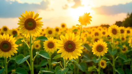 Obraz premium A vast and vibrant field filled with beautiful sunflowers, their bright yellow petals reaching towards the sky as the sun shines down through the clouds, creating a picturesque scene