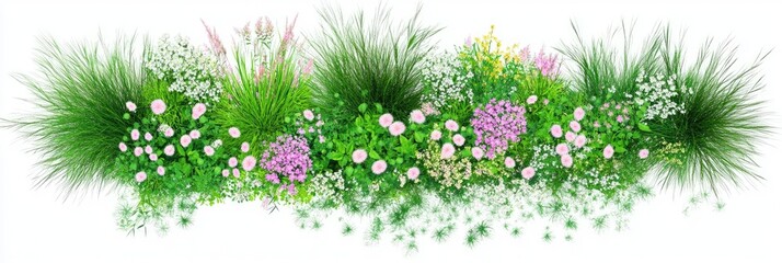 Lush Flower Bed with Grasses – Overhead View on White Background