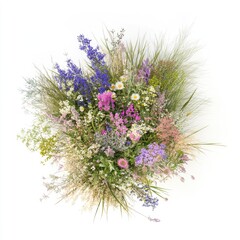 Top View of Flower Bed with Grasses – Fresh and Natural Arrangement on White Background