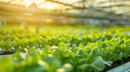 A serene shot of a hydroponic farm with rows of crops under artificial lights, Hydroponics farming scene, Agricultural technology style