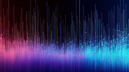 Dark background, vertical lines of blue and purple light with digital glitch effects