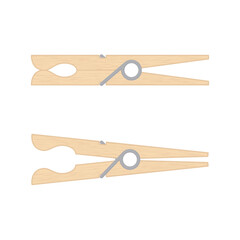 Vector wooden clothespins with metal spring, shown in two positions - closed and open. Isolated on white background