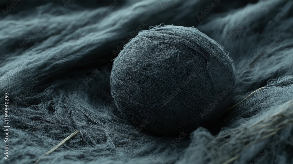 Poster close-up of a dark, textured wool ball resting on a soft, fuzzy background with natural elements
