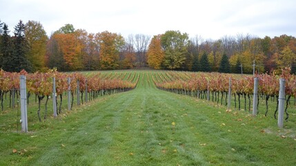 Obraz premium Autumn Vineyard Rows Amongst Colorful Trees