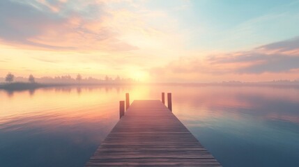 Obraz premium Wooden Dock Extending into Calm Lake at Sunrise