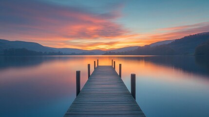 Fototapeta premium Wooden Dock Extending into a Calm Lake at Sunset