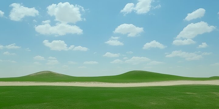 Serene Green Landscape Rolling Hills under a Blue Sky with Fluffy Clouds