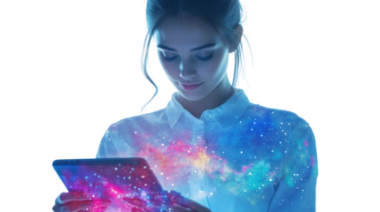 A woman using a tablet, illuminated with vibrant cosmic colors, reflecting creativity and innovation against a white background.