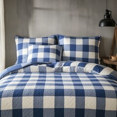 Set of Cotton Blankets in Large Blue and White Checks