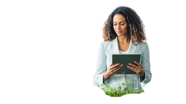 A professional woman in a white suit reviews data on a tablet, embodying modern business practices and eco-friendly solutions.