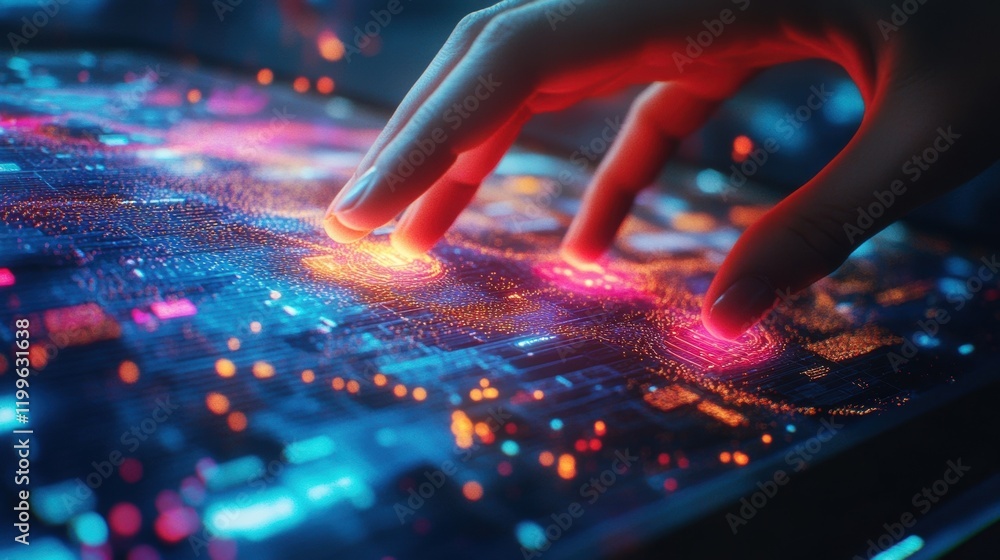 Poster closeup of a designers fingers gliding over a textured surface of a physical model with an ar overla