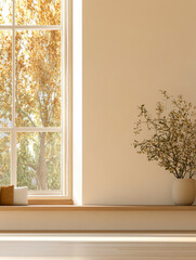 Cozy window nook with autumn leaves and decorative plants in soft light