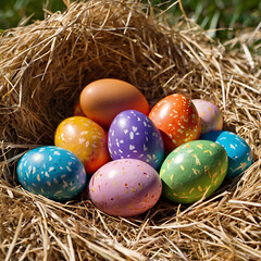 Easter Colored Eggs in Grass - Festive Spring Decoration