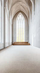 Fototapeta premium Spacious interior with tall arched windows and minimal furniture in a modern design