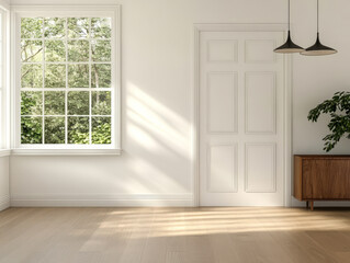 Obraz premium Bright and minimal interior with natural light streaming through large windows