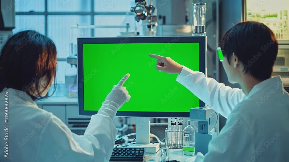 Poster scientists are talking in an equipped laboratory pointing at a green screen computer.