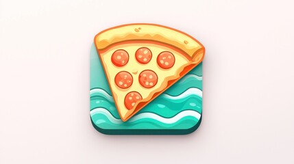 Cartoon pizza slice icon on teal wave background.