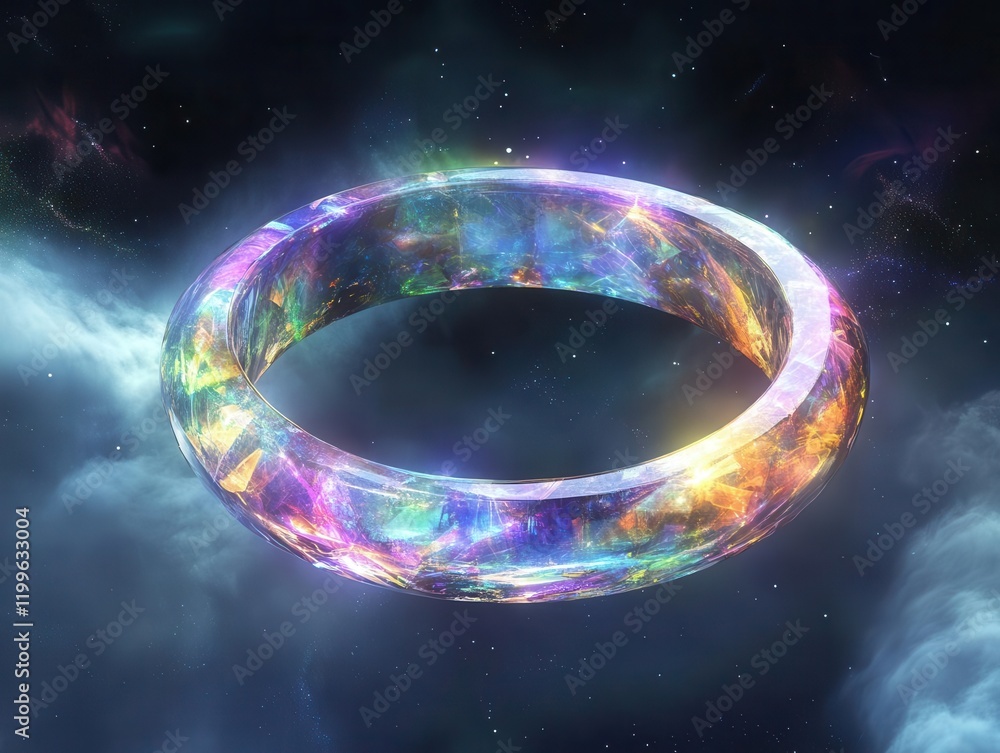 Poster a mesmerizing 3d abstract ring shape floating in space, with iridescent surface reflecting rainbow c