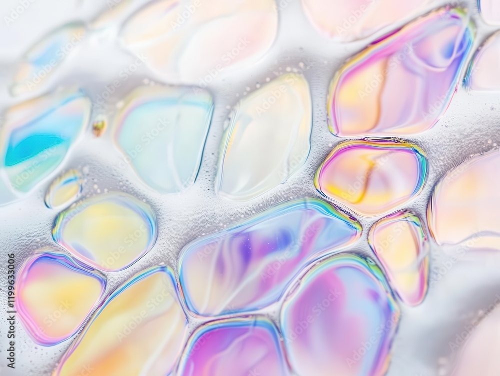 Poster a mesmerizing macro shot of iridescent soap bubbles floating in bright light, displaying rainbow col