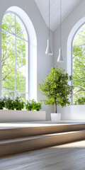 Fototapeta premium Bright interior with large windows and greenery in a modern space full of natural light