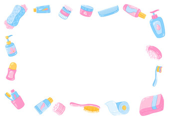 Background with hygiene objects. Washing, beauty, body care. Personal hygiene and self care items.
