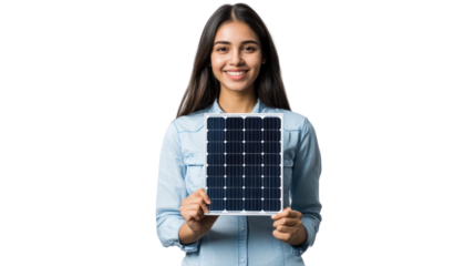A smiling young woman holds a solar panel in her hands, promoting renewable energy solutions and sustainability with confidence.