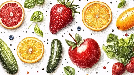 Hand-drawn illustration set of vegetables and fruits, showcasing vibrant, detailed designs of fresh produce