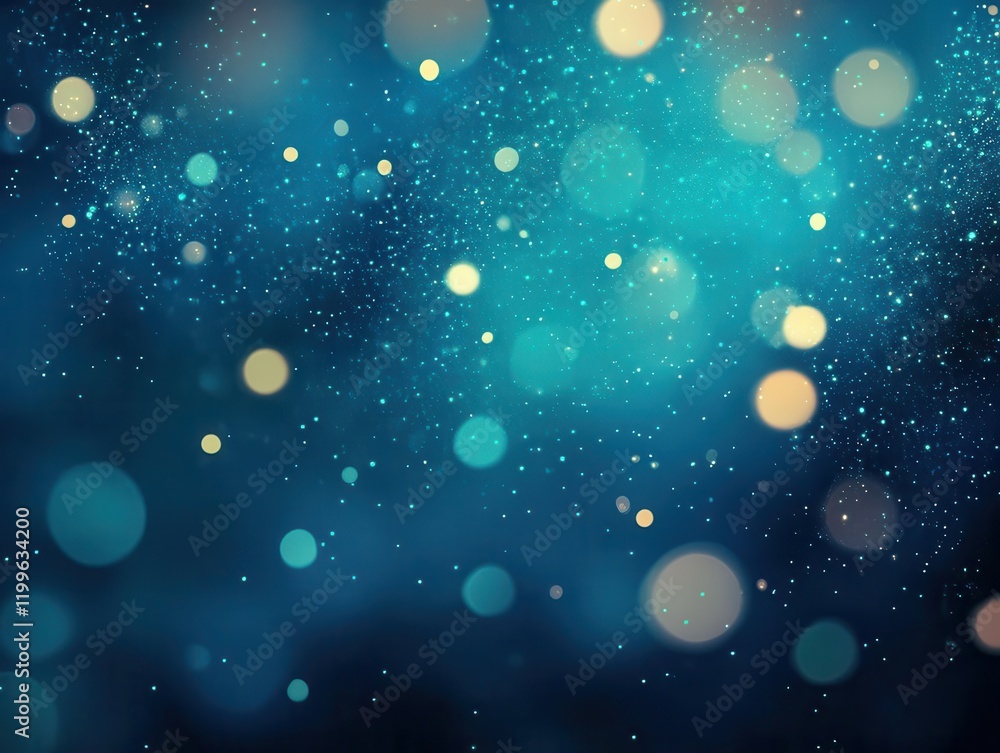 Poster abstract nebula swirls in deep indigo and turquoise, luminous particles dancing through space, dream