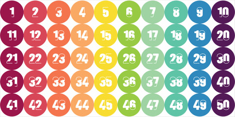 Number Chart 1-50 squares, kids full color circles, gray, icons, logos, premium, © agung pro