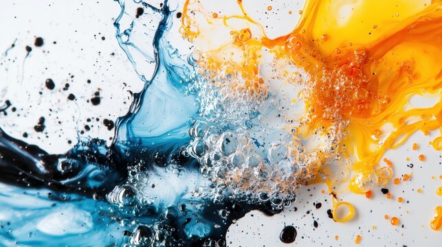 Colorful abstract splash of blue and orange liquid with bubbles and black accents creating a vibrant and dynamic visual composition