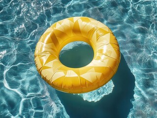 aerial view of inflatable yellow pool float casting geometric shadows in crystal clear turquoise pool water, summer vibes