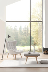 Cozy neutral living space with modern armchair and large windows overlooking green landscape