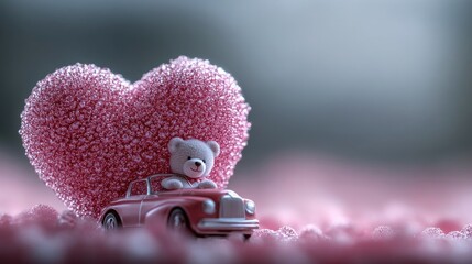 Fototapeta premium Miniature toy retro car with a heart symbol and a teddy bear on the roof. Valentine's day and love concept. Copy space for text.