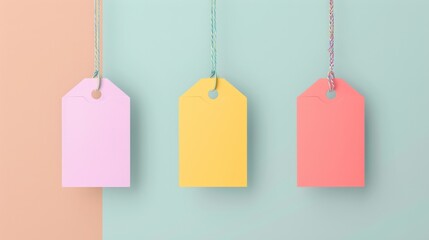 Pastel gift tags hanging, minimalist background, sale promotion