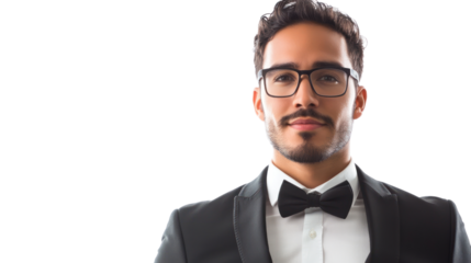 Portrait of a confident man wearing a tuxedo and glasses, set against a white background, exuding elegance and professionalism.