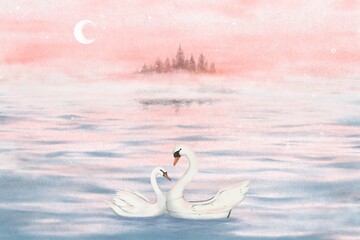 Mute swan lovers background, simple illustration