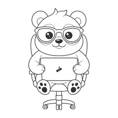 Cute panda is working in front of a tablet for coloring