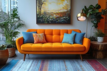 mid-century living room styled with scandinavian design, featuring colorful furniture pieces that blend modern simplicity with vibrant hues, creating a lively yet sophisticated ambiance