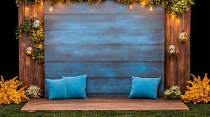 cozy outdoor setting featuring blue wooden backdrop, vibrant yellow flowers, and hanging planters. Perfect for relaxation and gatherings