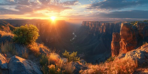 Naklejka premium A stunning canyon view at sunset, symbolizing the beauty of natural landscapes and the spirit of adventure. Ideal for travel and exploration-related content.