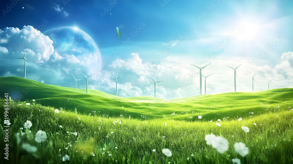 Wall mural vibrant green meadow with wind turbines spinning under bright blue sky, fluffy clouds, and distant planet. scene is filled with sunlight and blooming white flowers